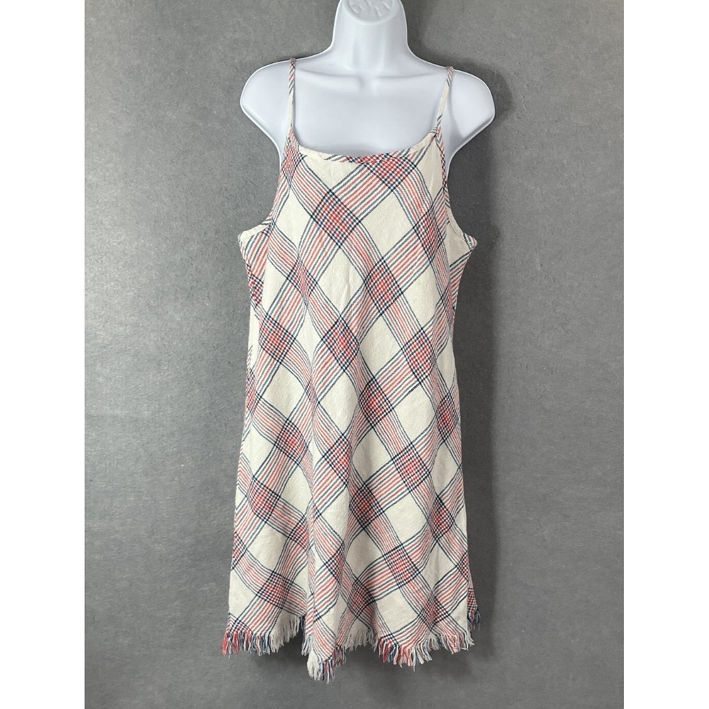 Natural Mini Dress Womens Sz L Plaid Red White Blue‎ Cotton Fringe Trim Summer